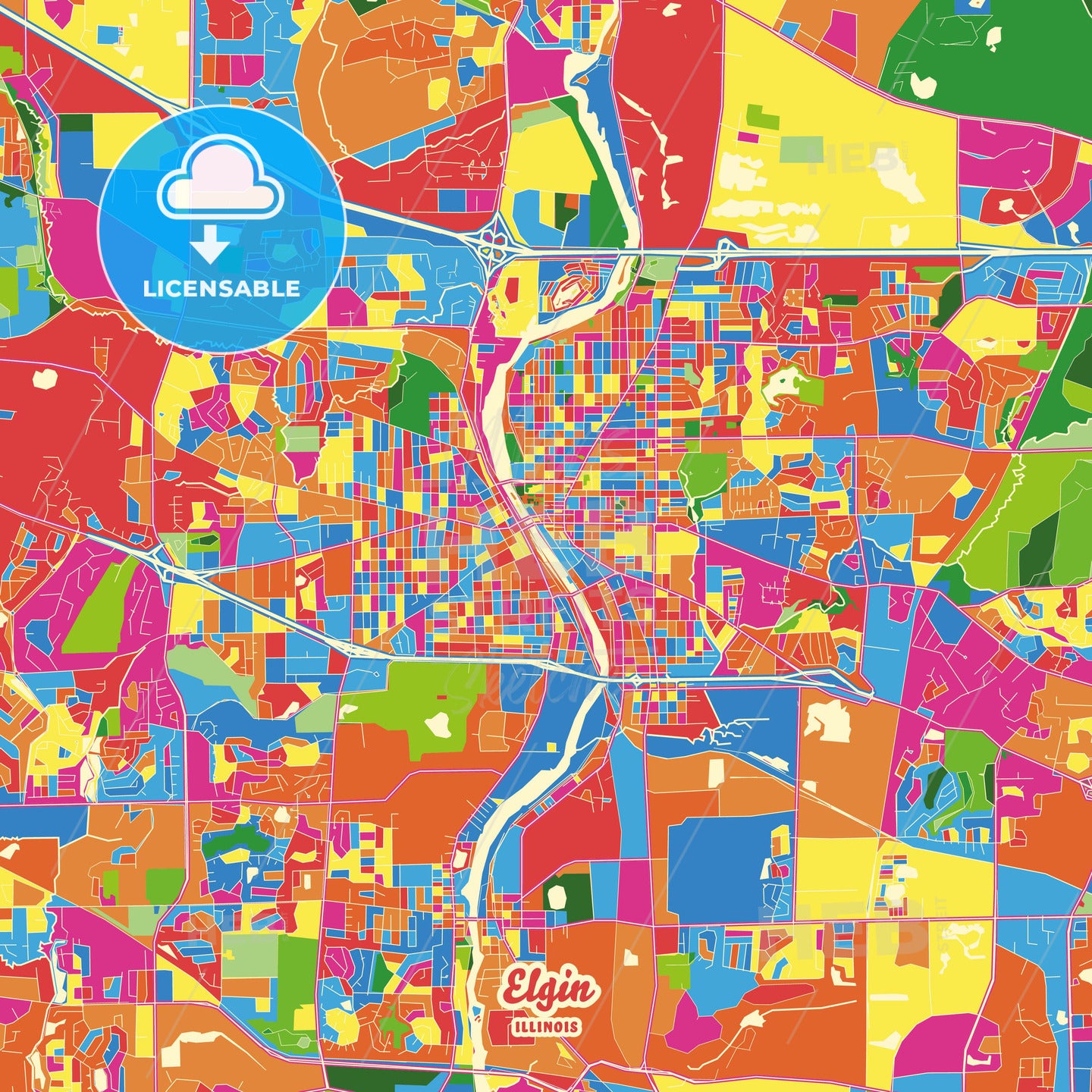Elgin, United States Crazy Colorful Street Map Poster Template - HEBSTREITS Sketches