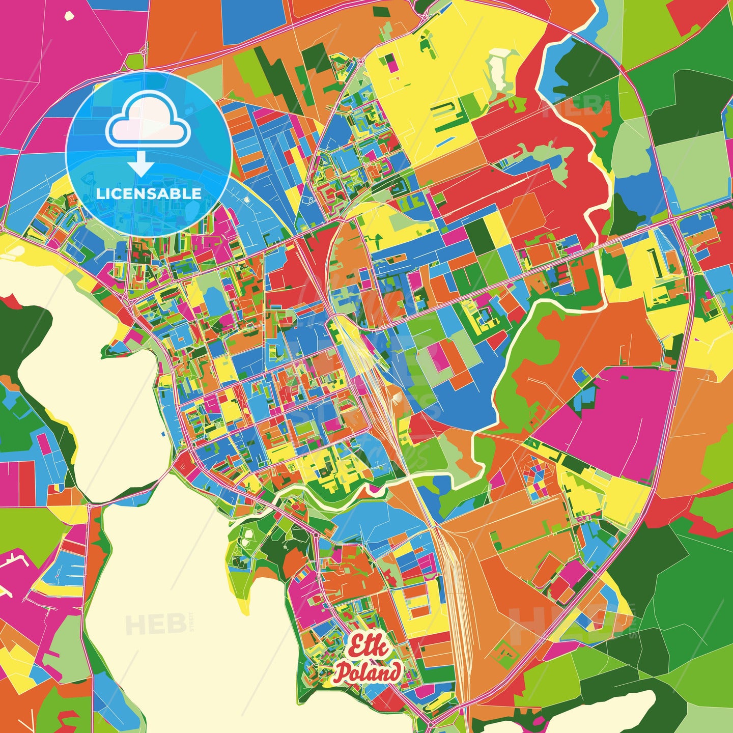 Ełk, Poland Crazy Colorful Street Map Poster Template - HEBSTREITS Sketches