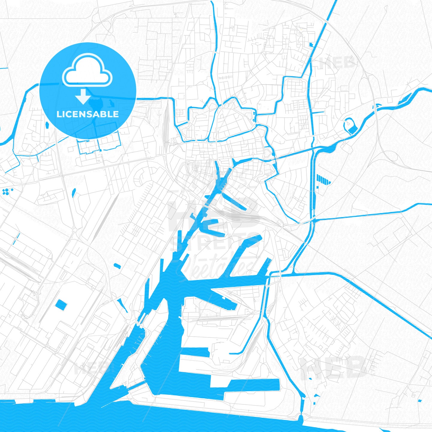 Emden, Germany PDF vector map with water in focus