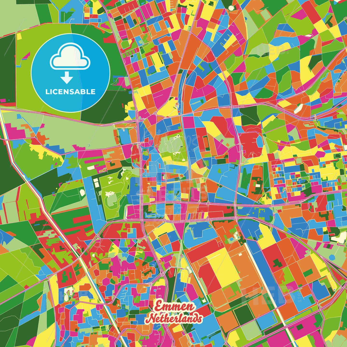 Emmen, Netherlands Crazy Colorful Street Map Poster Template - HEBSTREITS Sketches