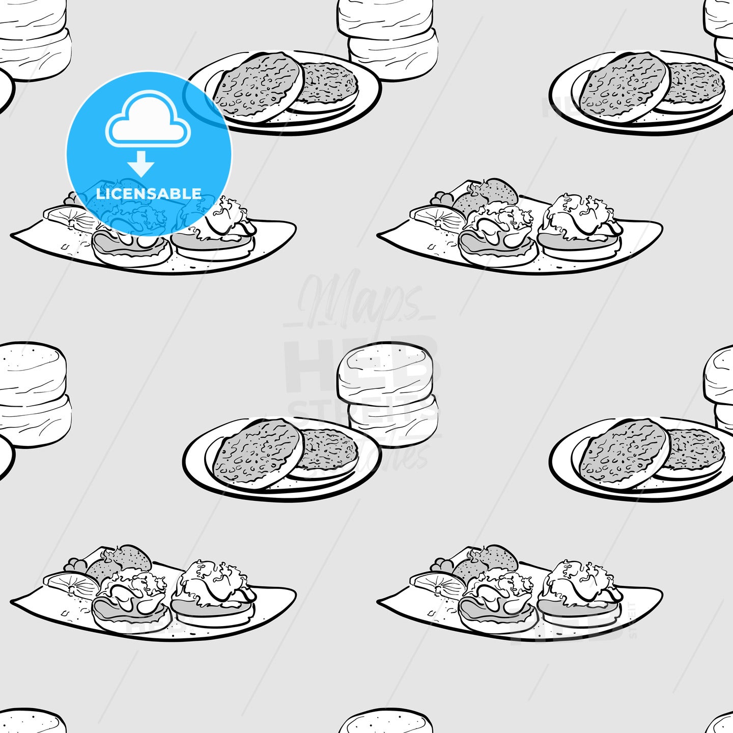 English muffin seamless pattern greyscale drawing – instant download