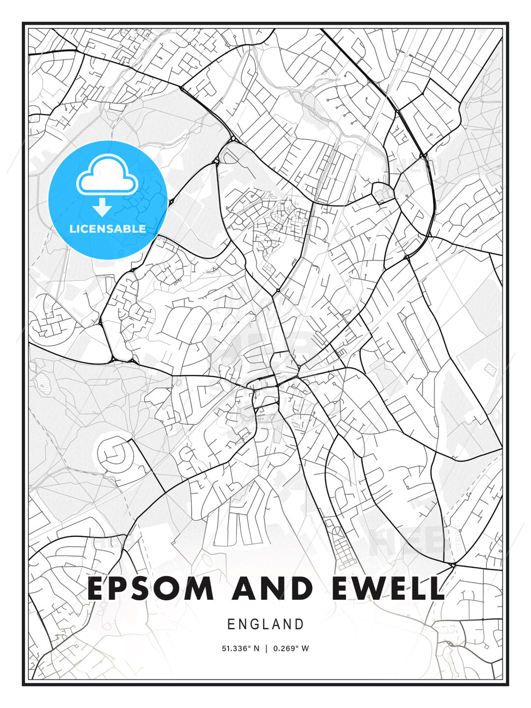Epsom and Ewell, England, Modern Print Template in Various Formats - HEBSTREITS Sketches