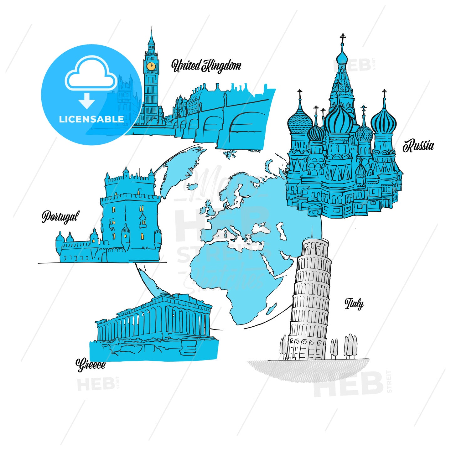 Europe Travel Landmarks on Globe – instant download
