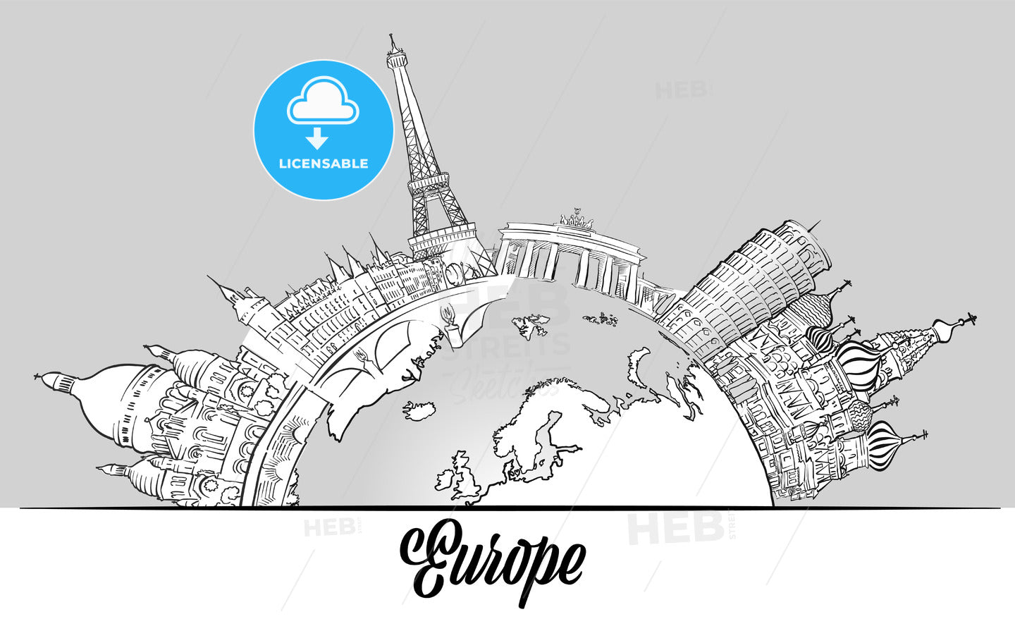 European Sketched Landmarks on Globe – instant download