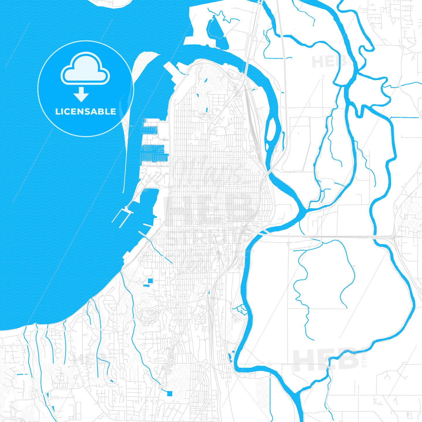 Everett, Washington, United States, PDF vector map with water in focus