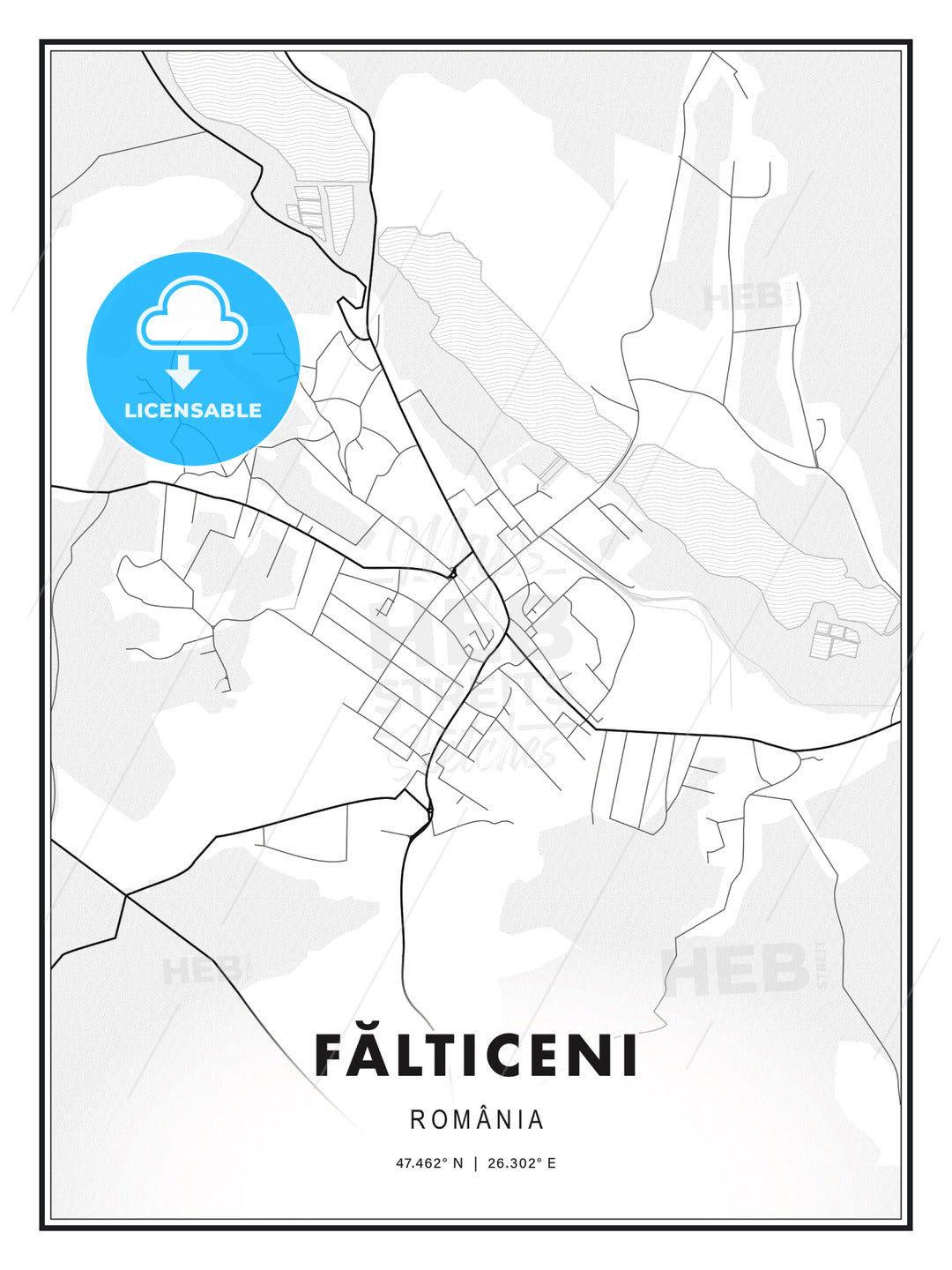 Fălticeni, Romania, Modern Print Template in Various Formats - HEBSTREITS Sketches