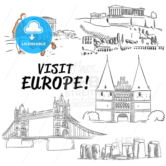 Famous European Vacation Buildings Sketches – instant download