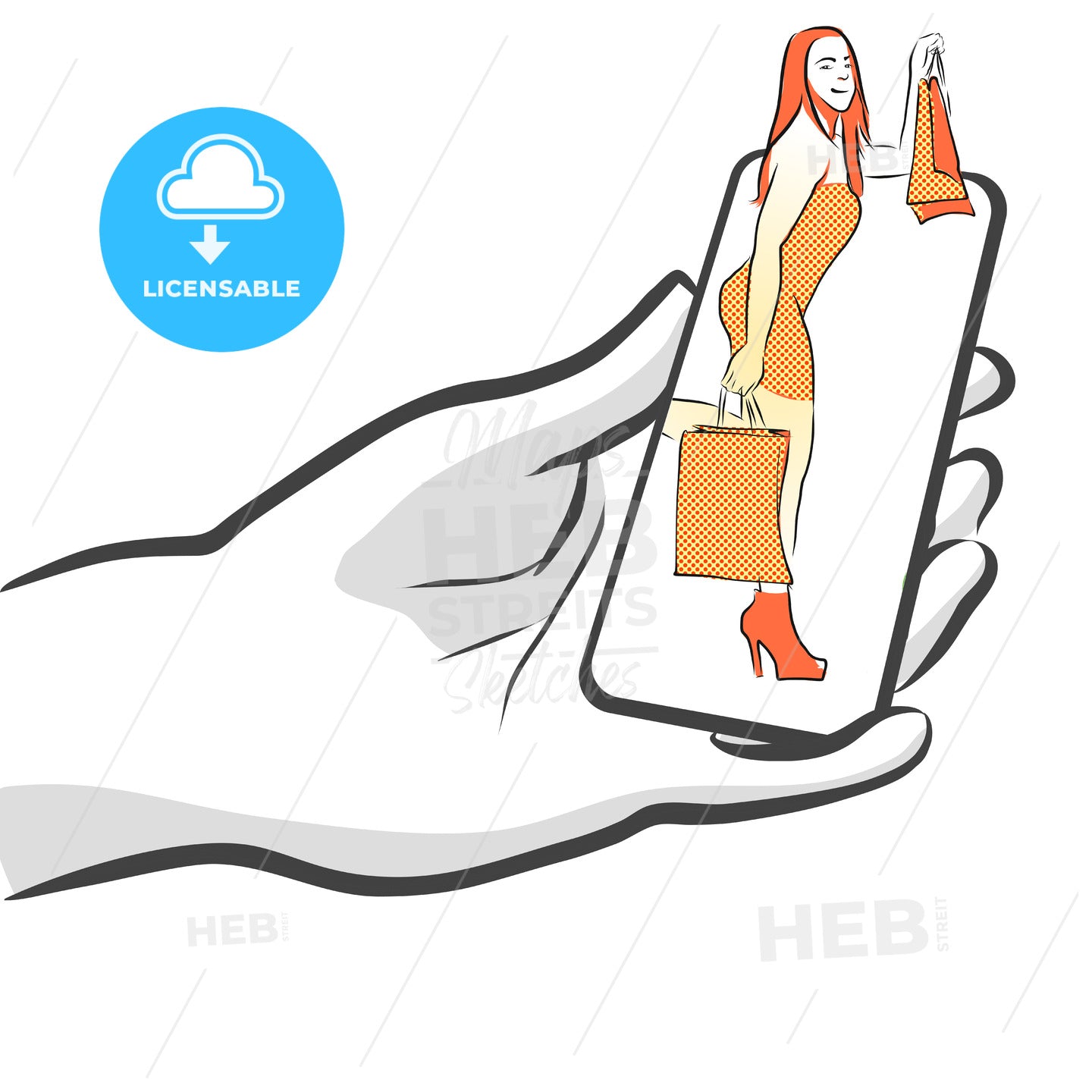Female with Bags on Smartphone, Concept – instant download