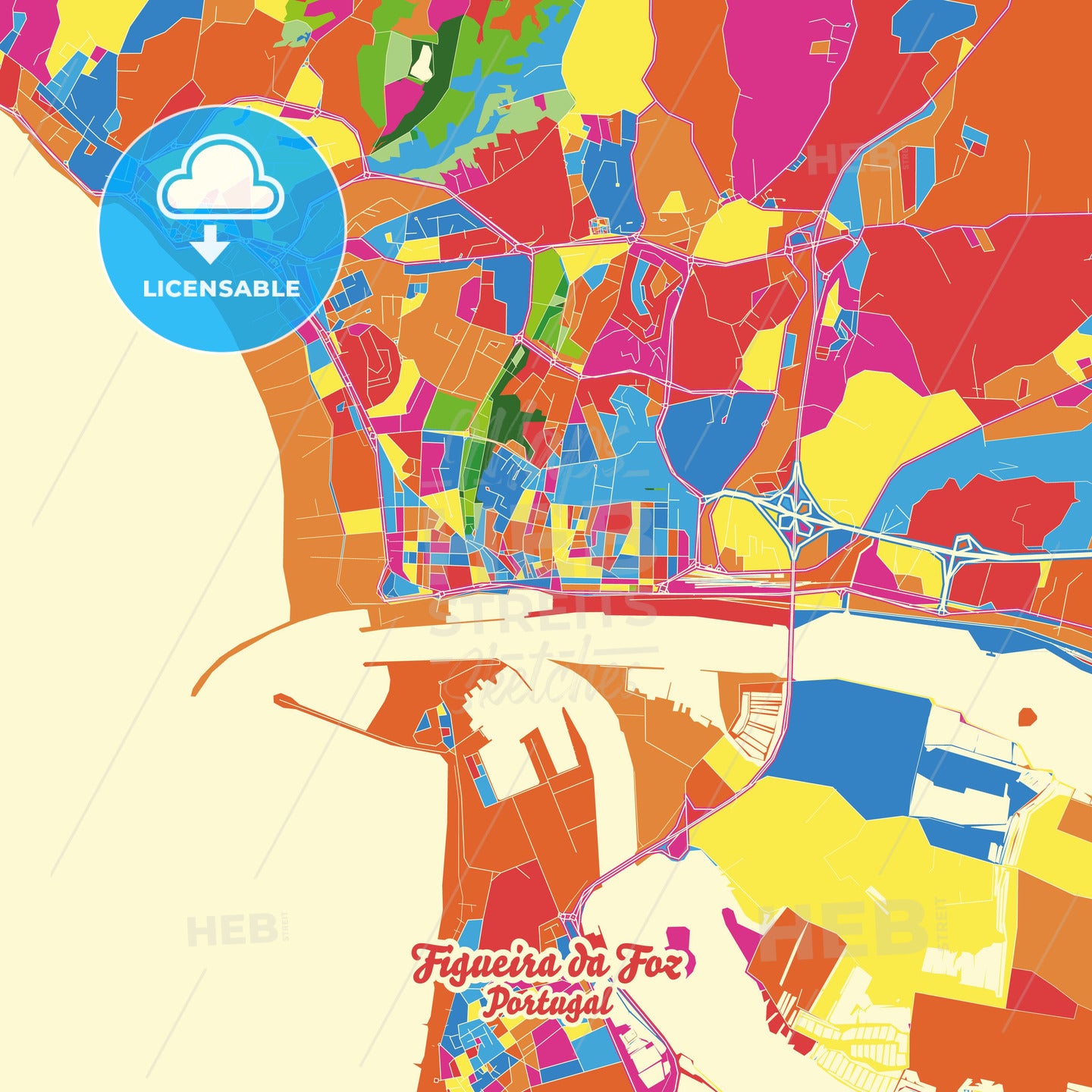 Figueira da Foz, Portugal Crazy Colorful Street Map Poster Template - HEBSTREITS Sketches