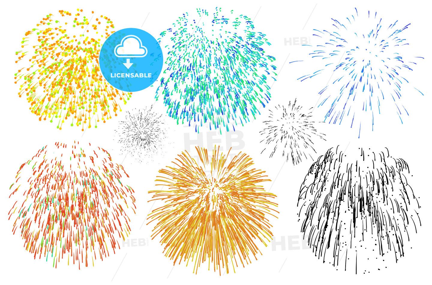 Fireworks various colors against white – instant download