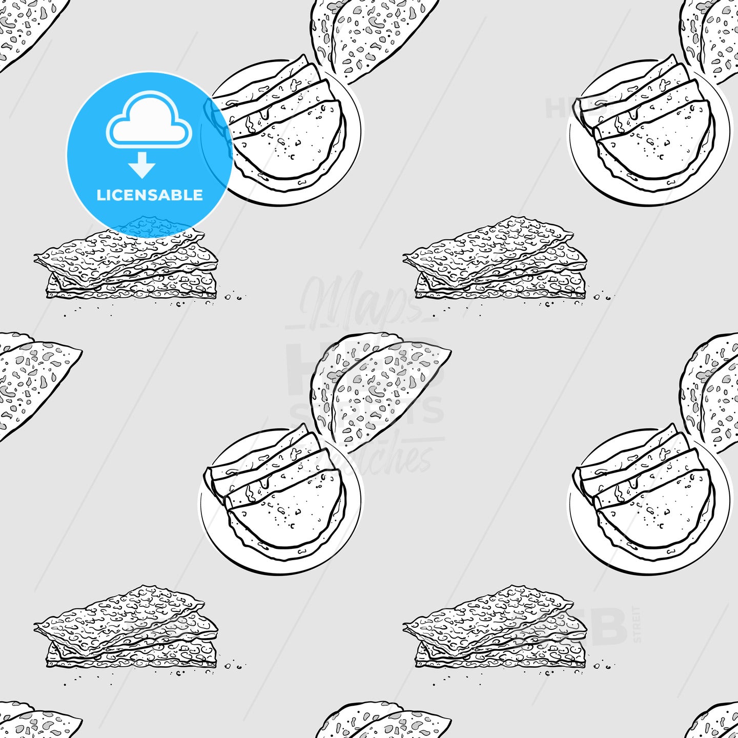 Flatbrød seamless pattern greyscale drawing – instant download