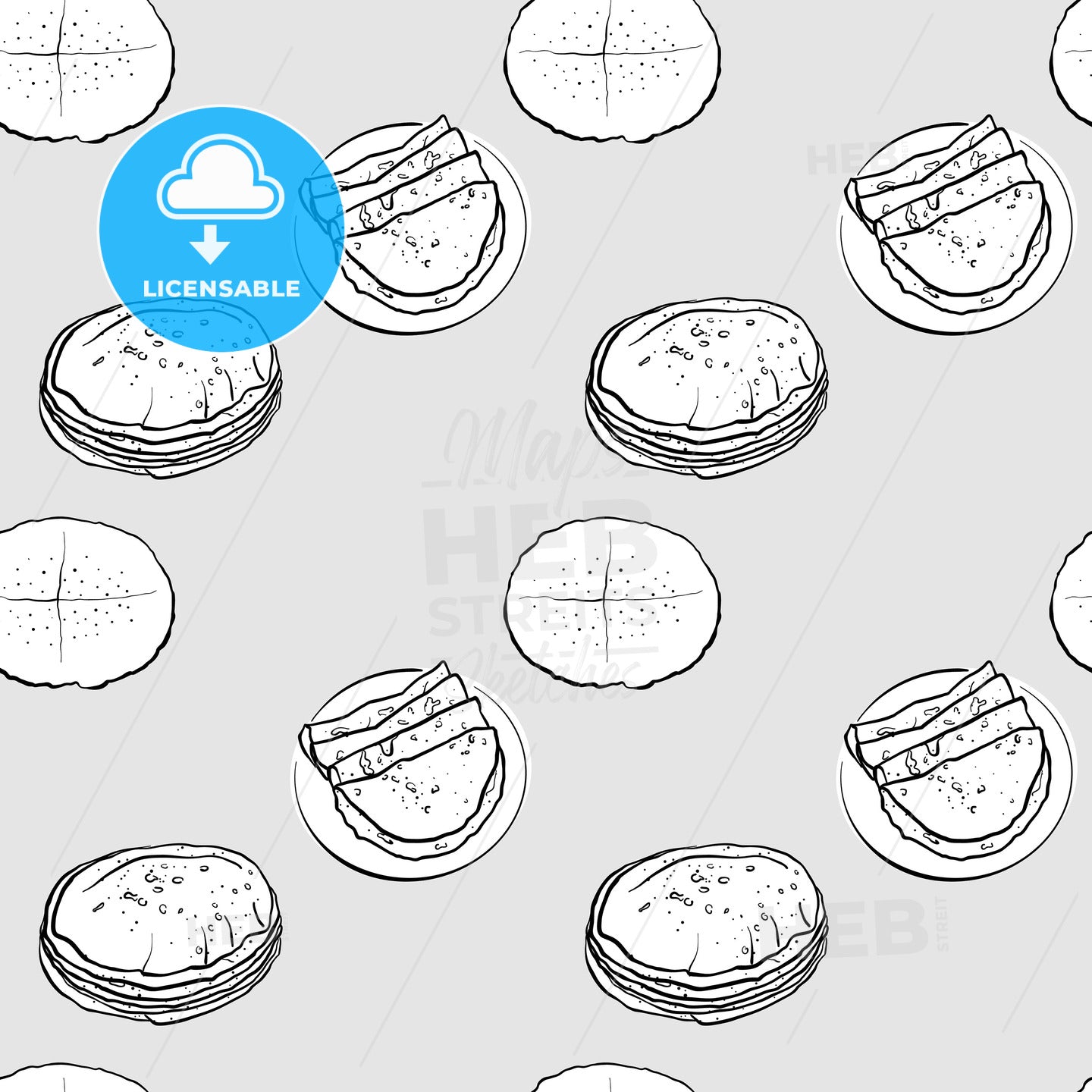 Flatbread seamless pattern greyscale drawing – instant download