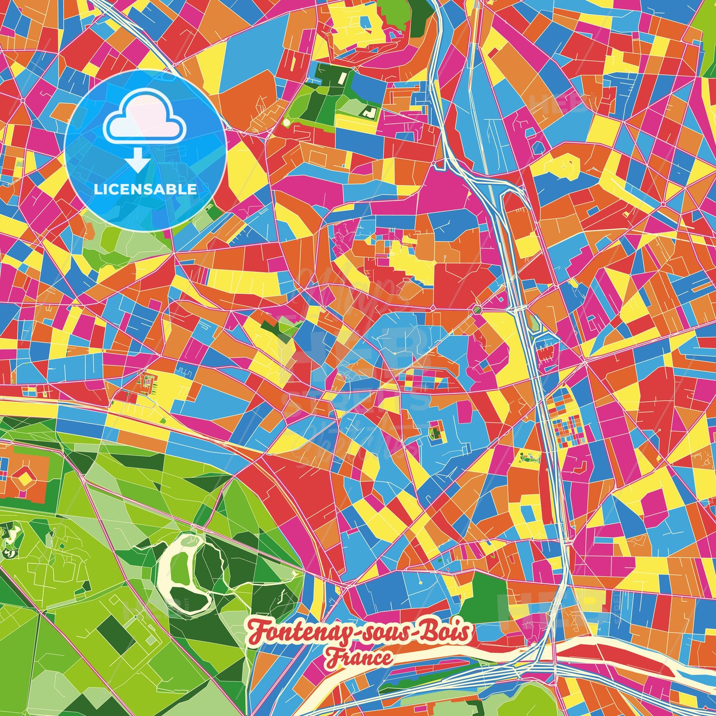 Fontenay-sous-Bois, France Crazy Colorful Street Map Poster Template - HEBSTREITS Sketches