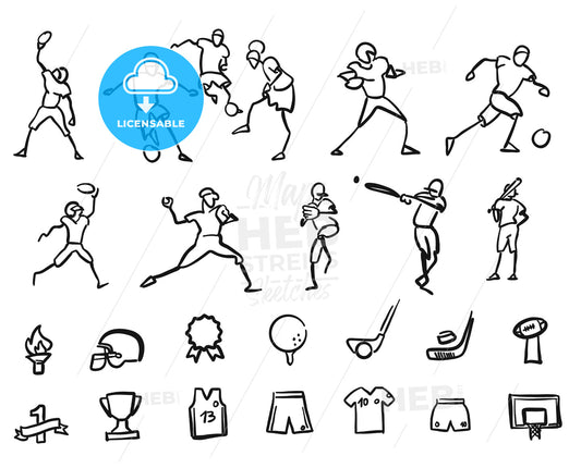 Football, Soccer and Baseballplayer Sketched Motion Doodle Set – instant download