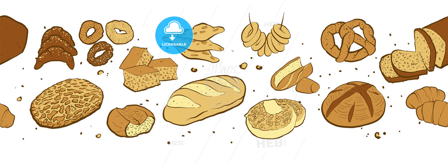 Fresh bread banner. Seamless panoramic composition on white – instant download