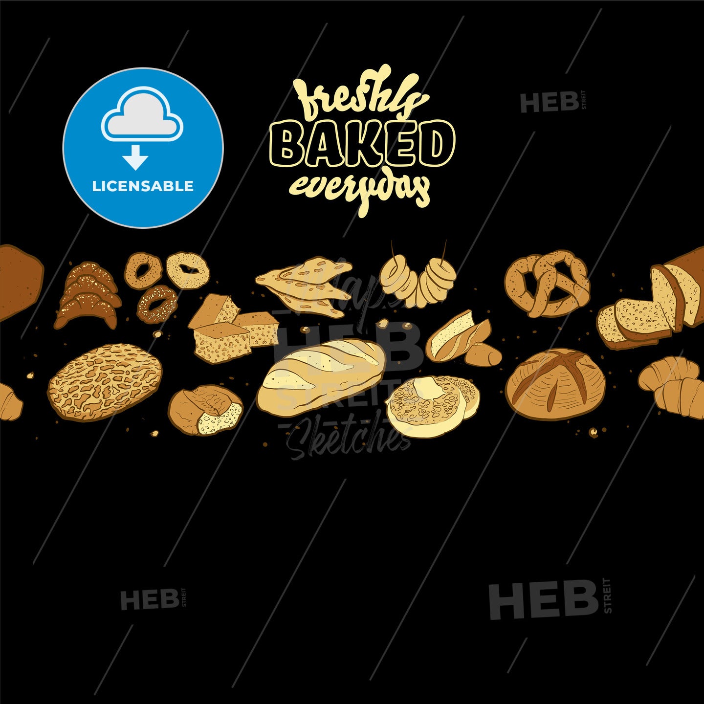 Freshly baked everyday label with illustrations of various types of bread on blackboard – instant download