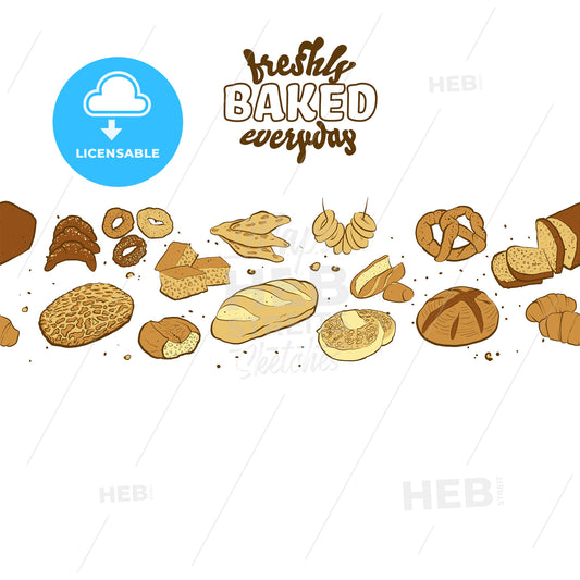Freshly baked everyday label with illustrations of various types of bread on white – instant download