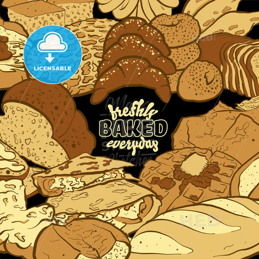 Freshly baked everyday label with various types of bread on blackboard – instant download