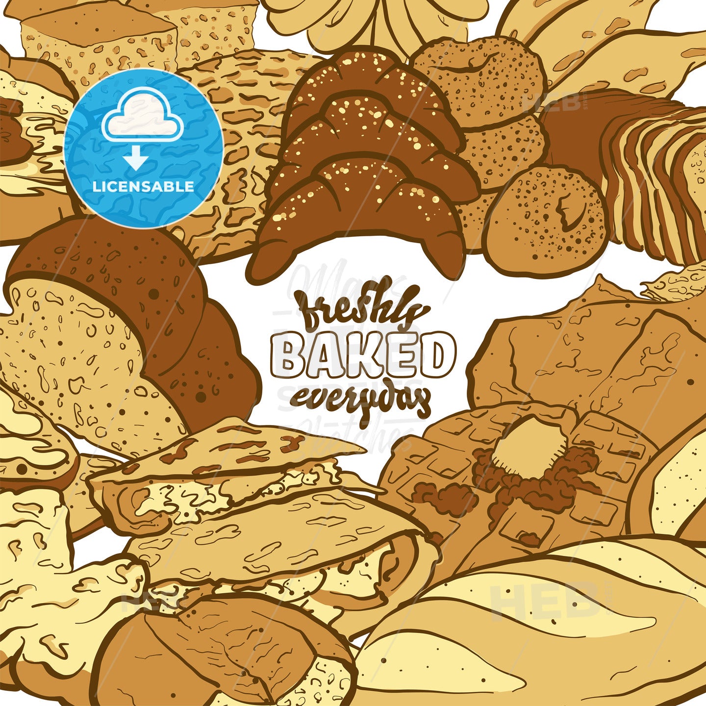Freshly baked everyday label with various types of bread on white – instant download