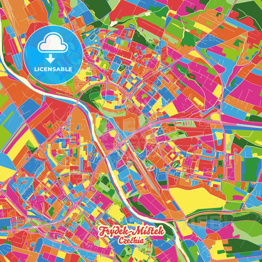 Frýdek-Místek, Czechia Crazy Colorful Street Map Poster Template - HEBSTREITS Sketches