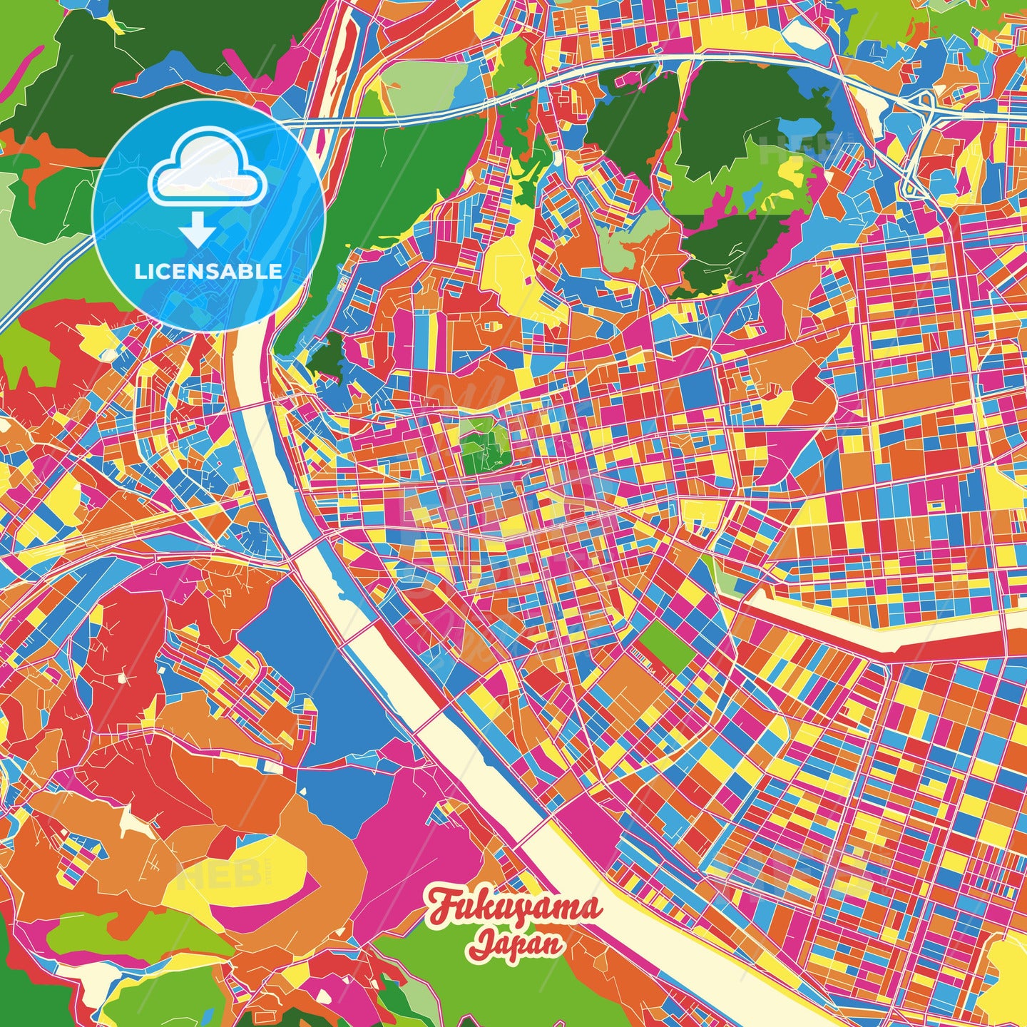 Fukuyama, Japan Crazy Colorful Street Map Poster Template - HEBSTREITS Sketches