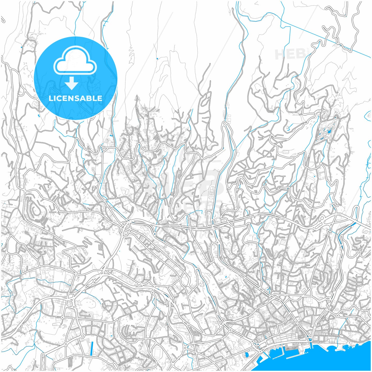 Funchal, Madeira, Portugal, city map with high quality roads.