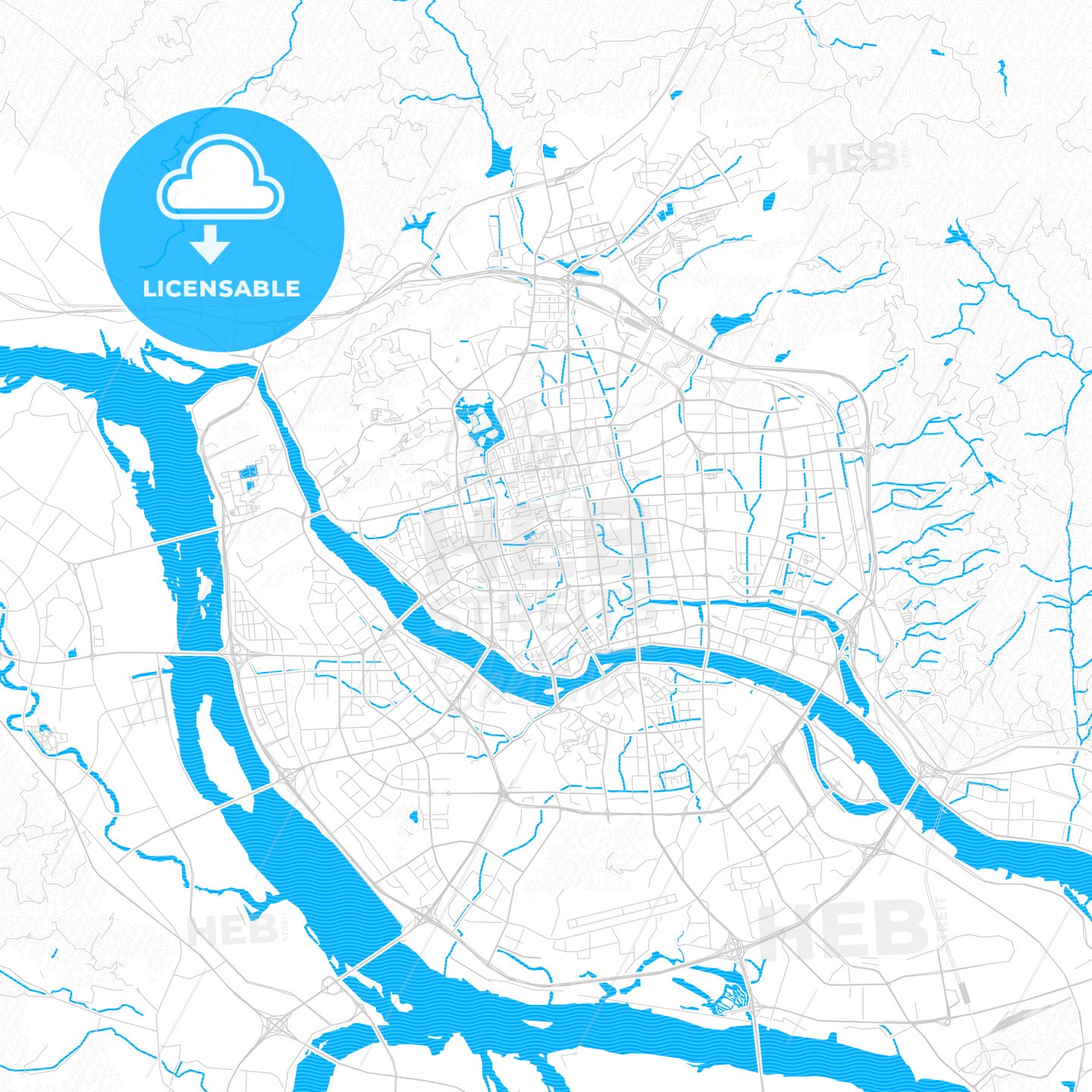 Fuzhou, China PDF vector map with water in focus