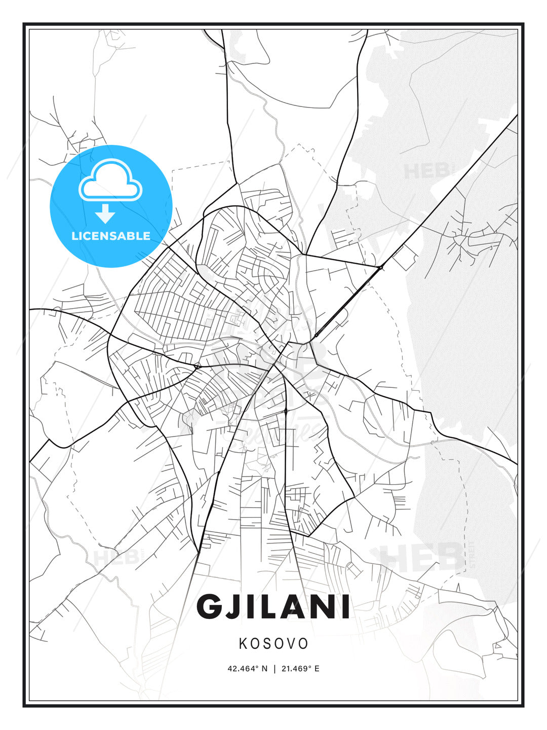 GJILANI / Gjilani / Gnjilane, Kosovo, Modern Print Template in Various Formats - HEBSTREITS Sketches
