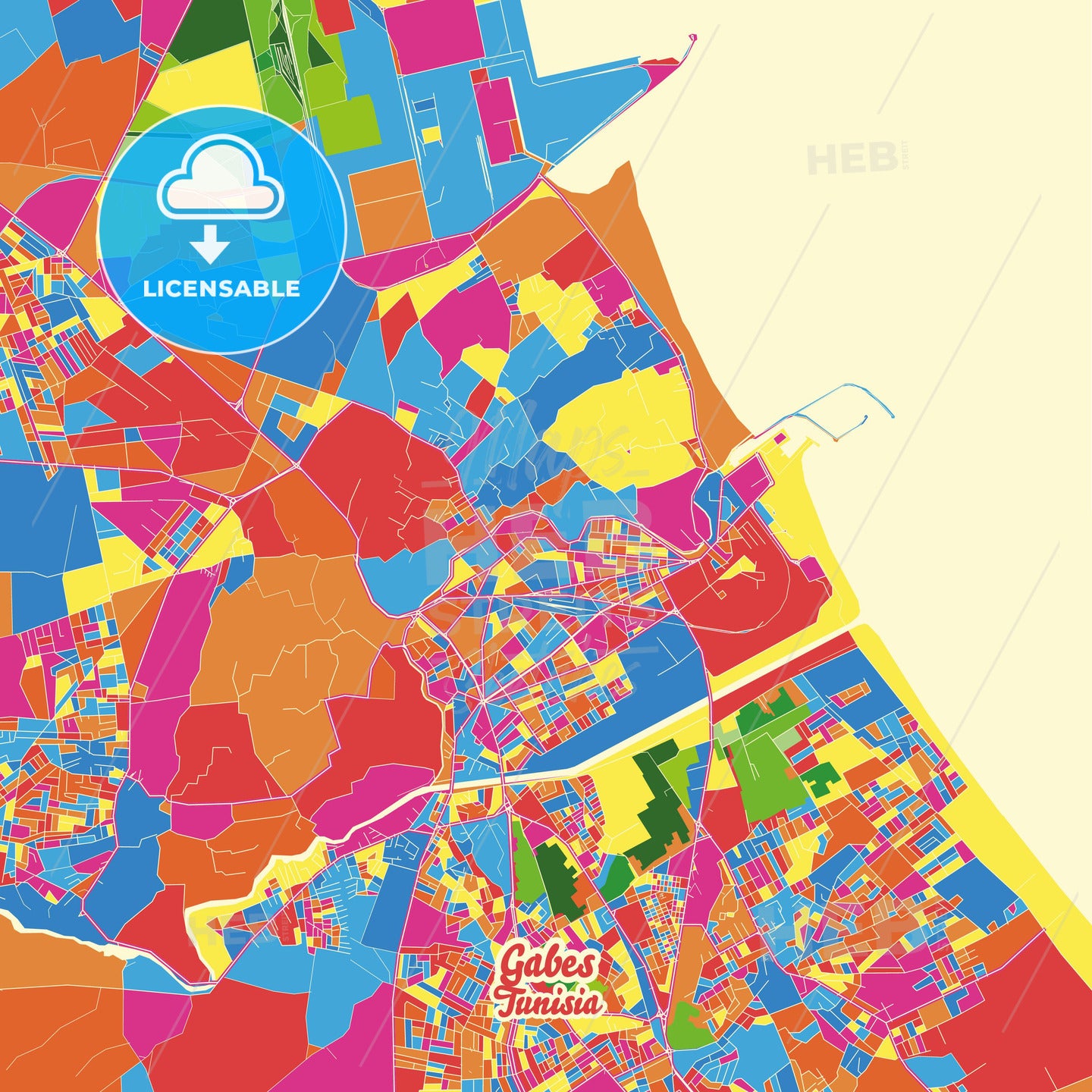 Gabes, Tunisia Crazy Colorful Street Map Poster Template - HEBSTREITS Sketches