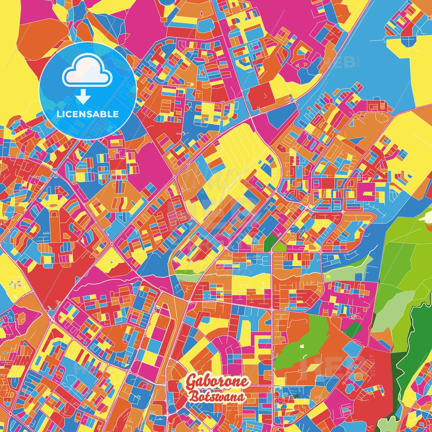 Gaborone, Botswana Crazy Colorful Street Map Poster Template - HEBSTREITS Sketches