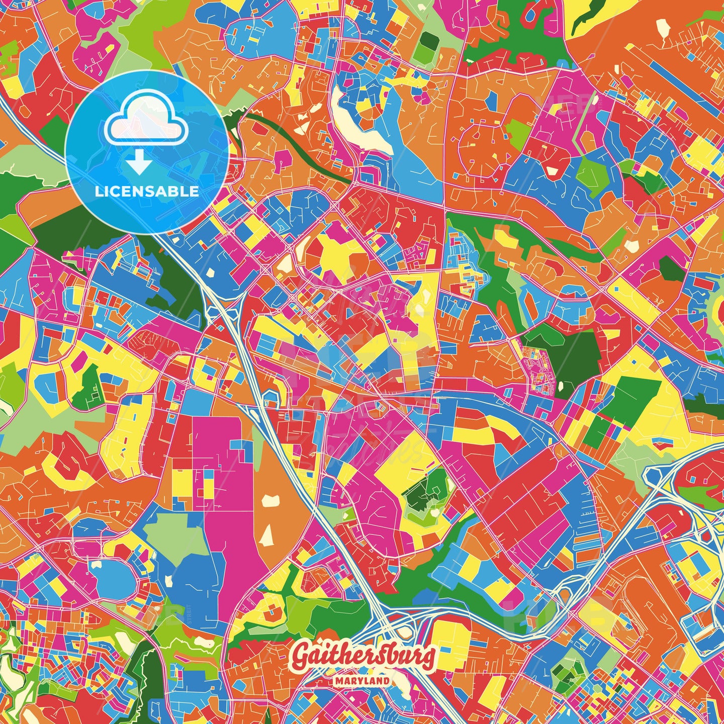 Gaithersburg, United States Crazy Colorful Street Map Poster Template - HEBSTREITS Sketches