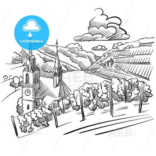 German Vineyard Sketch with Church, River and Hills – instant download