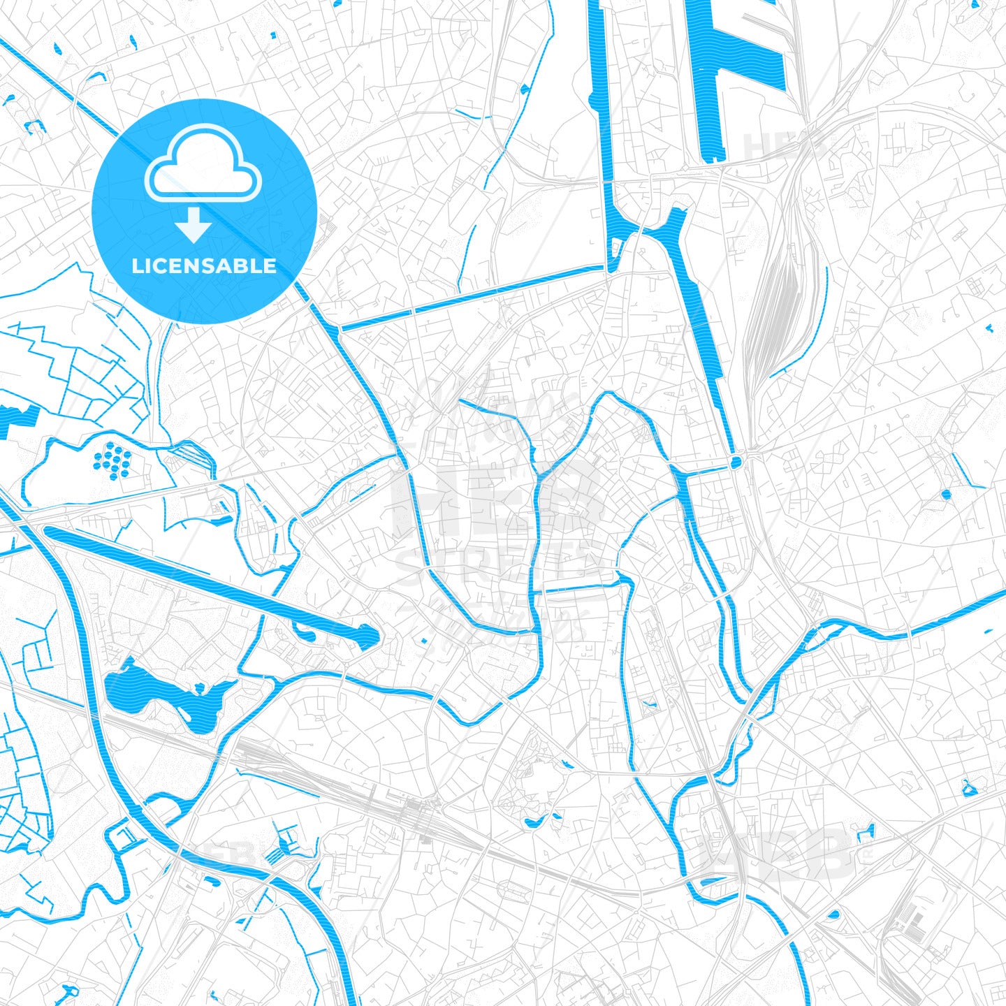 Ghent, Belgium PDF vector map with water in focus