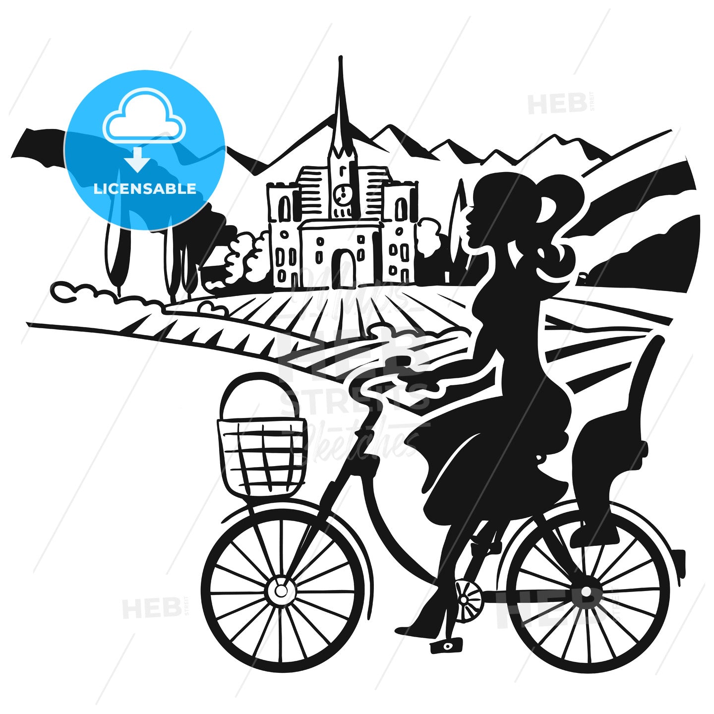 Girl on Bike in Front on Vineyard Landscape – instant download