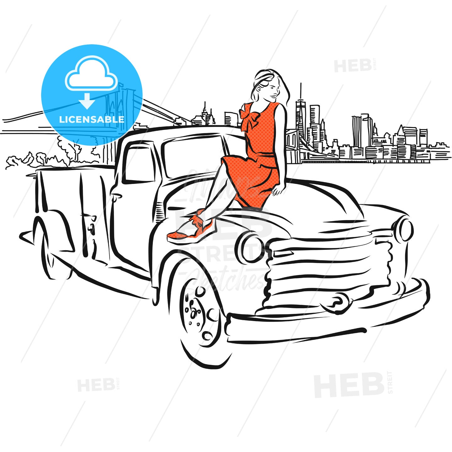 Girl on Car in Front of New York City Panorama – instant download