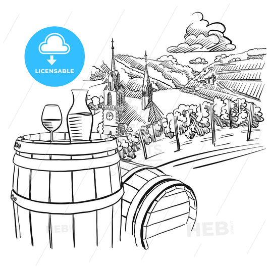 Glas of Wine on Barrel in Front of german Vineyard Landscape – instant download