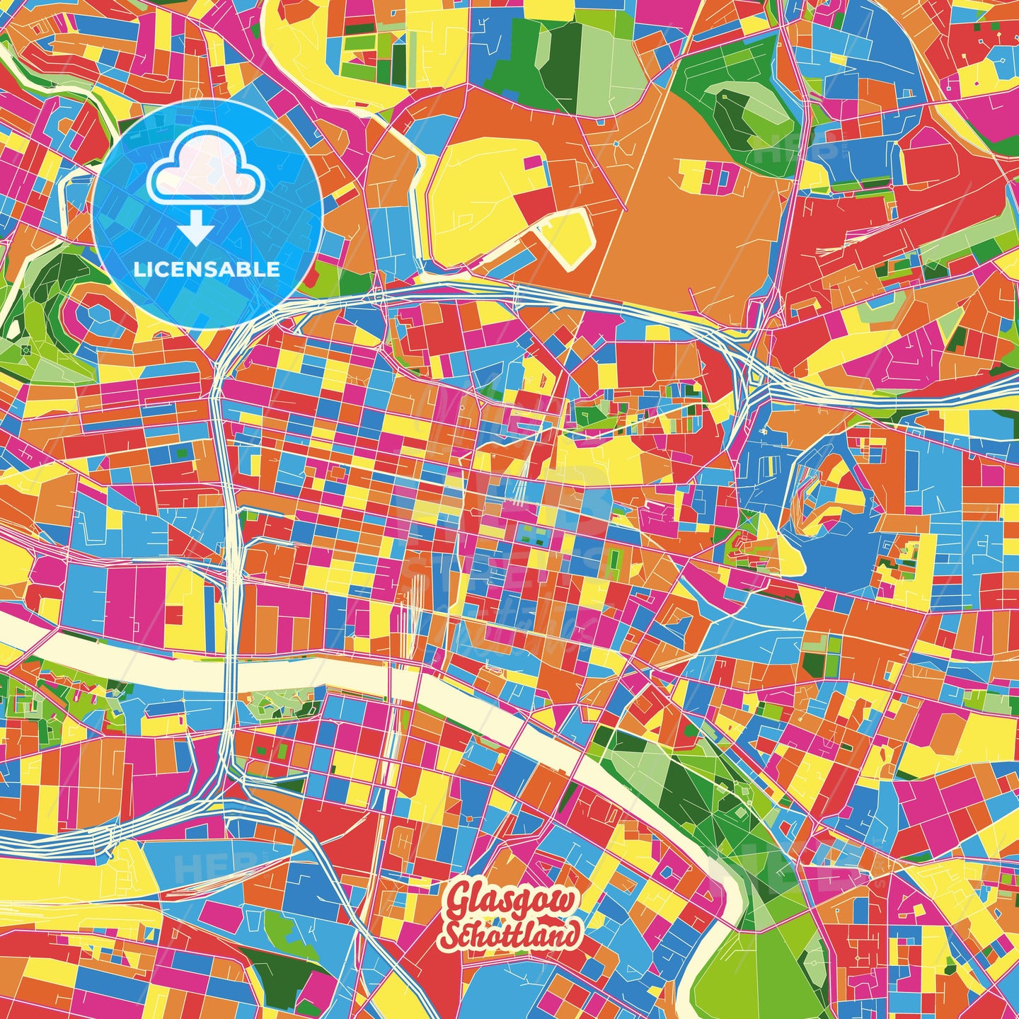 Glasgow, Scotland Crazy Colorful Street Map Poster Template - HEBSTREITS Sketches