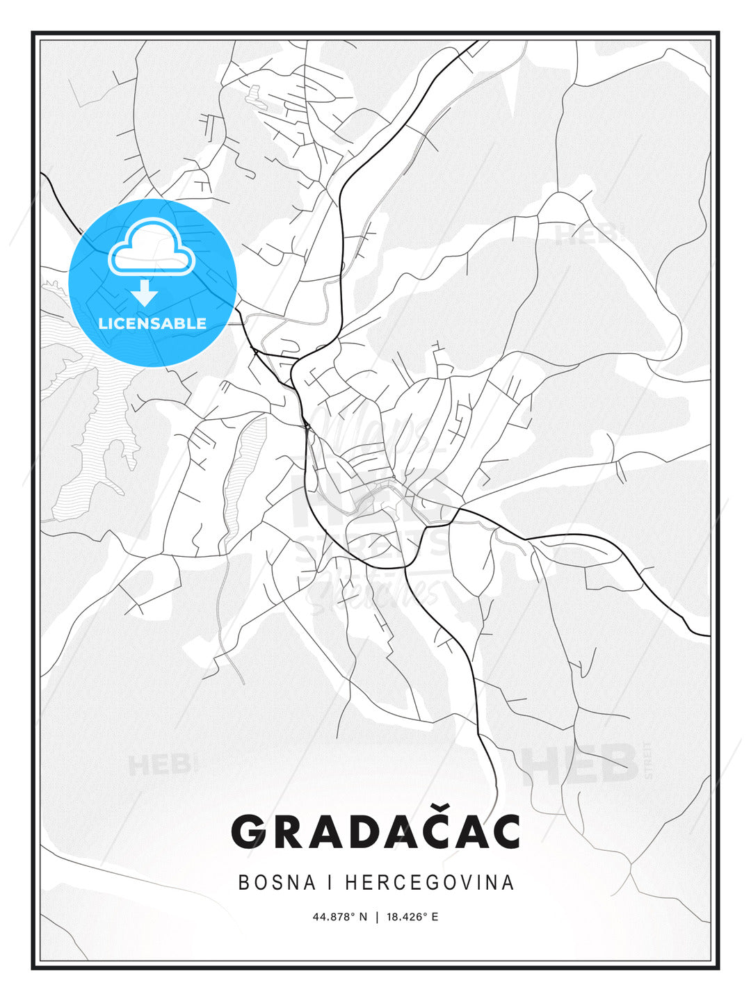 Gradačac, Bosnia and Herzegovina, Modern Map Print Template in Various ...