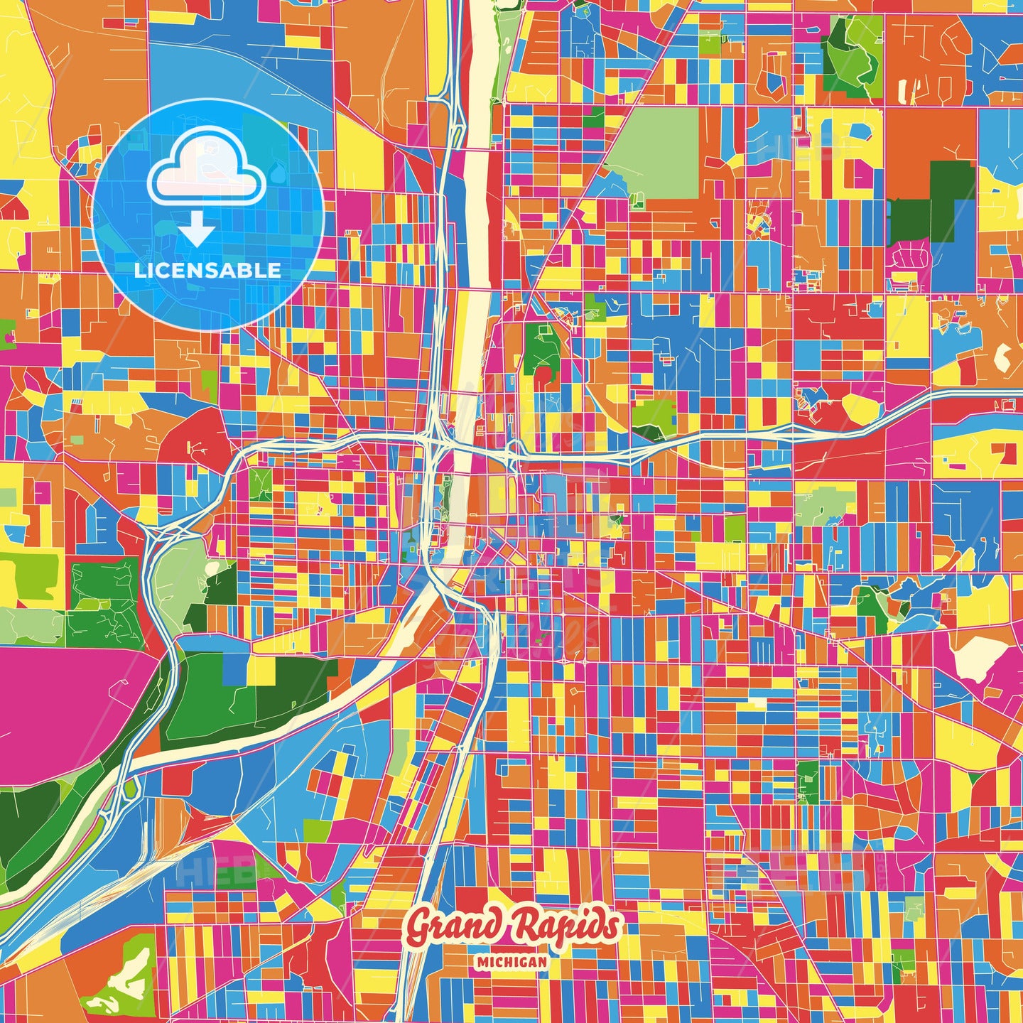 Grand Rapids, United States Crazy Colorful Street Map Poster Template - HEBSTREITS Sketches