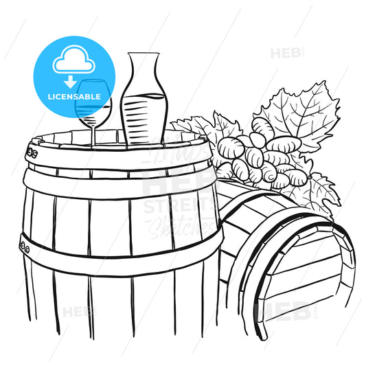 Grapes, Carafe and Glass of Vine on Wooden Barrel – instant download