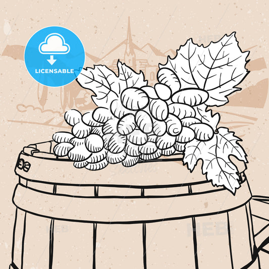 Grapes on sketched wooden barrel with wine – instant download