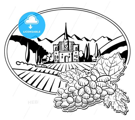 Grapes with Sketched Vineyard Farm Label – instant download