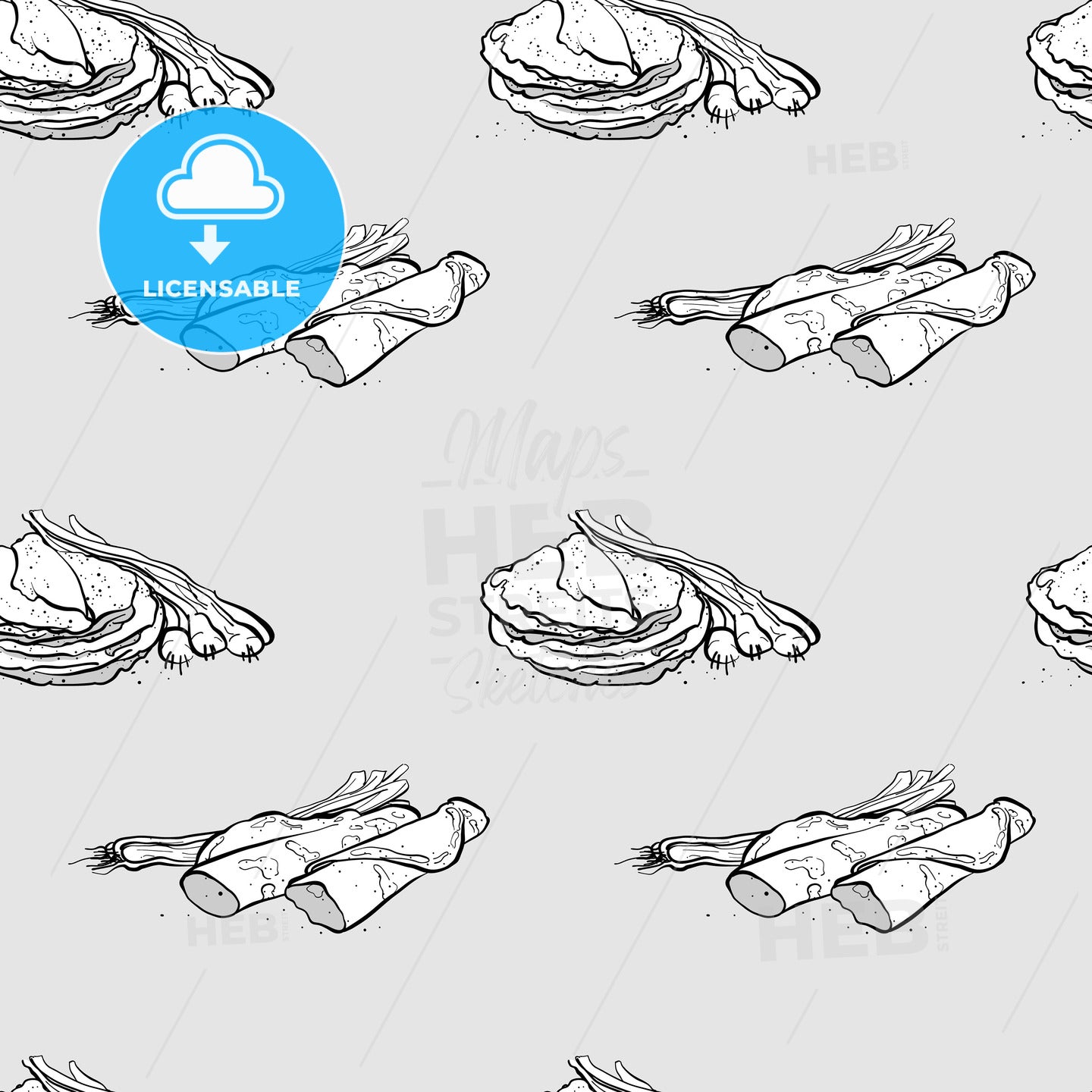 Green onion pancake seamless pattern greyscale drawing – instant download