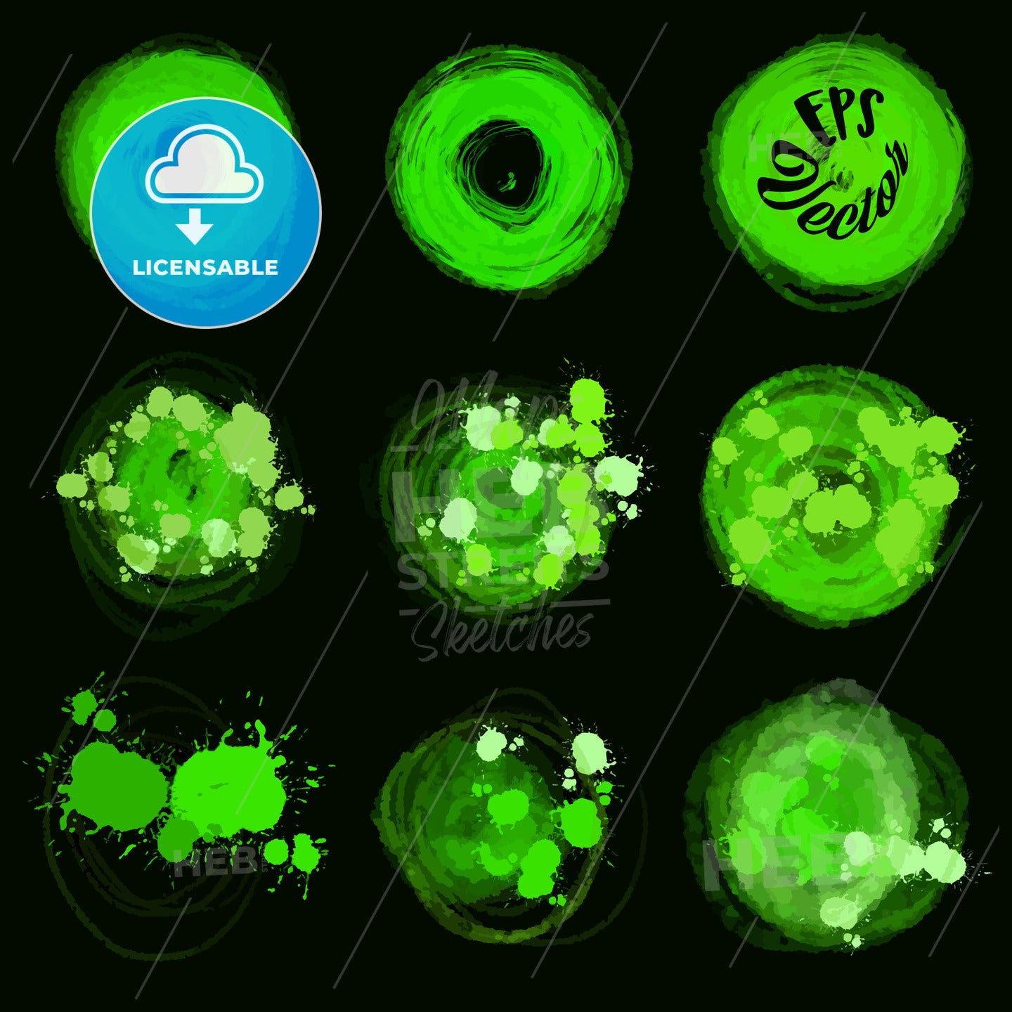 Green vector circle brush strokes on black – instant download