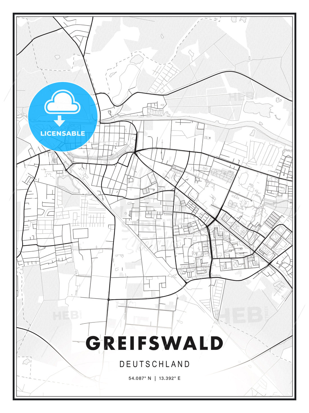 Greifswald, Germany, Modern Print Template in Various Formats - HEBSTREITS Sketches