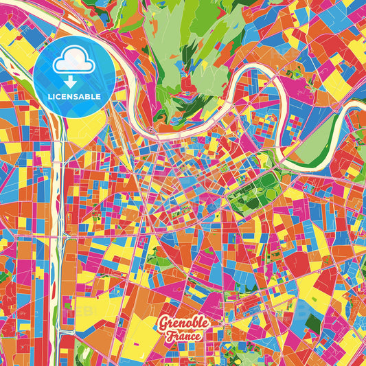 Grenoble, France Crazy Colorful Street Map Poster Template - HEBSTREITS Sketches
