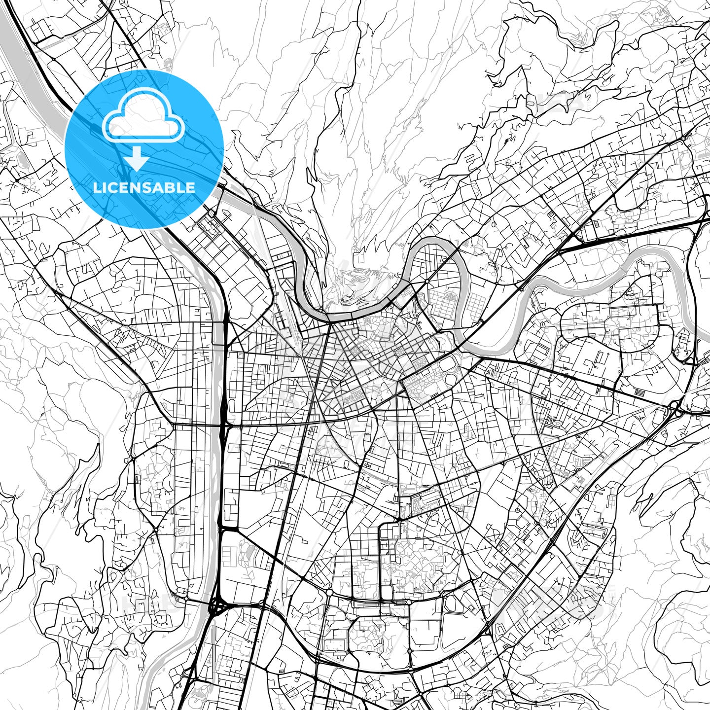 Grenoble, Isère, downtown map, light