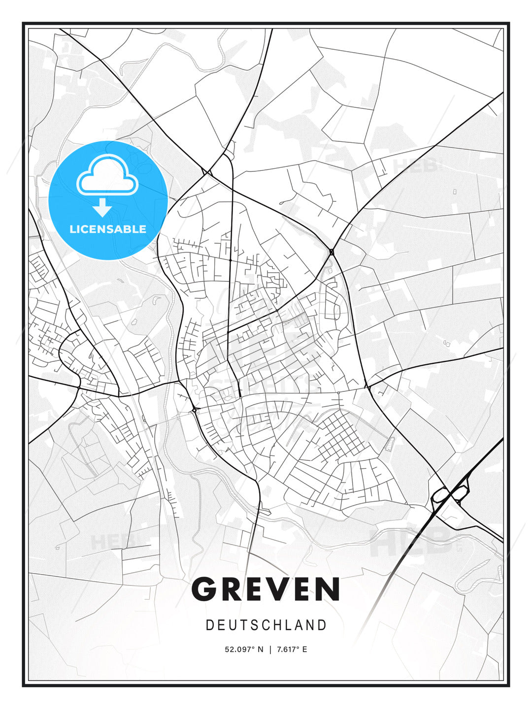 Greven Map Greven, Germany, Modern Map Print Template in Various Formats - HEBSTREITS