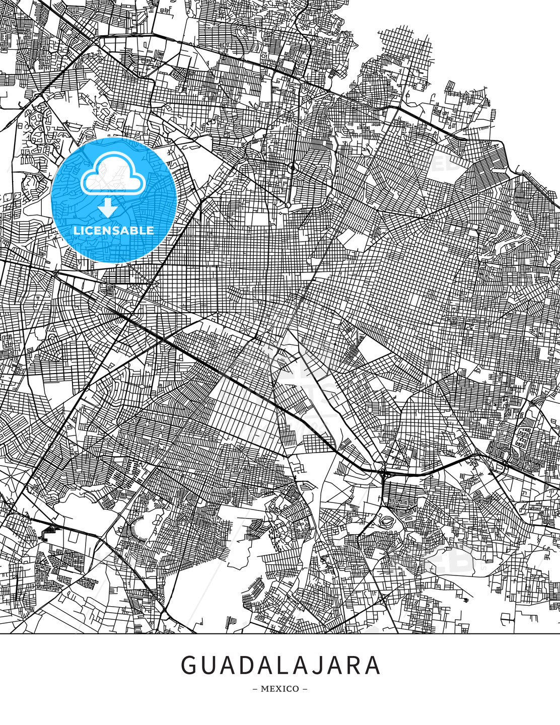 Guadalajara, Mexico, Map poster borderless print template - HEBSTREITS