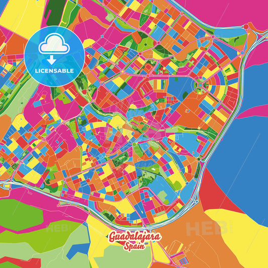 Guadalajara, Spain Crazy Colorful Street Map Poster Template - HEBSTREITS Sketches